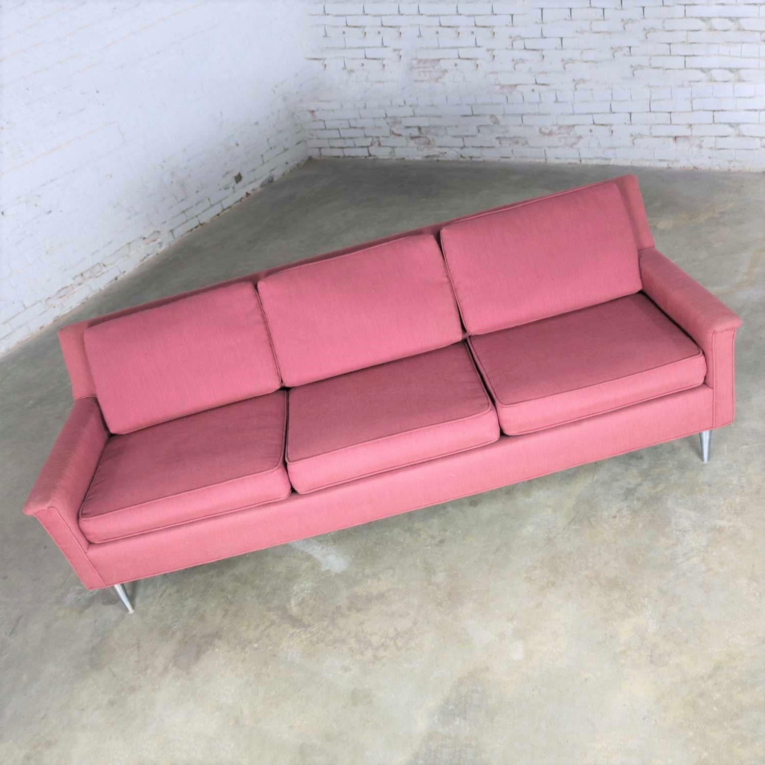Mid-Century Modern Fuchsia Sofa Turned Metal Tapered Legs Style Edward Wormley 2