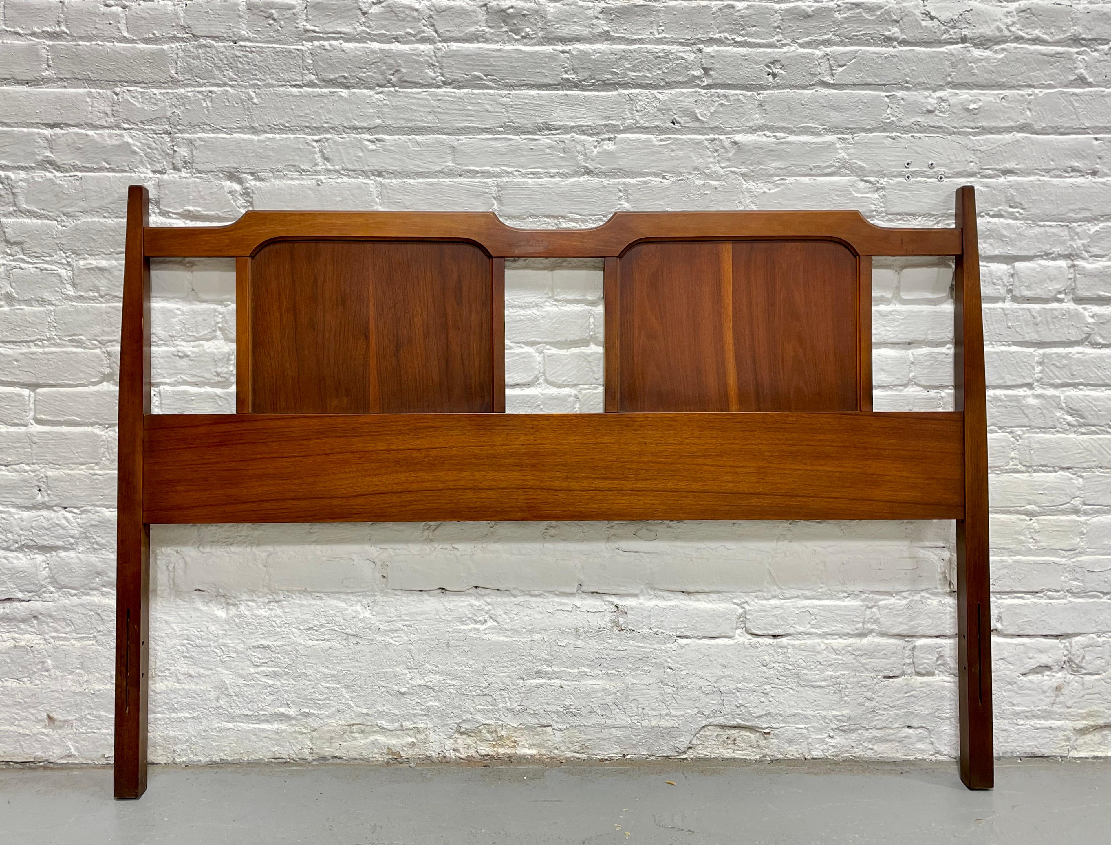 Mid Century Modern Full Walnut Headboard, c. 1960's. The headboard attaches to a simple metal bed frame (can be purchased on Amazon) which is not included. Headboard should fit a Full mattress - please see measurements below. Lovely vintage