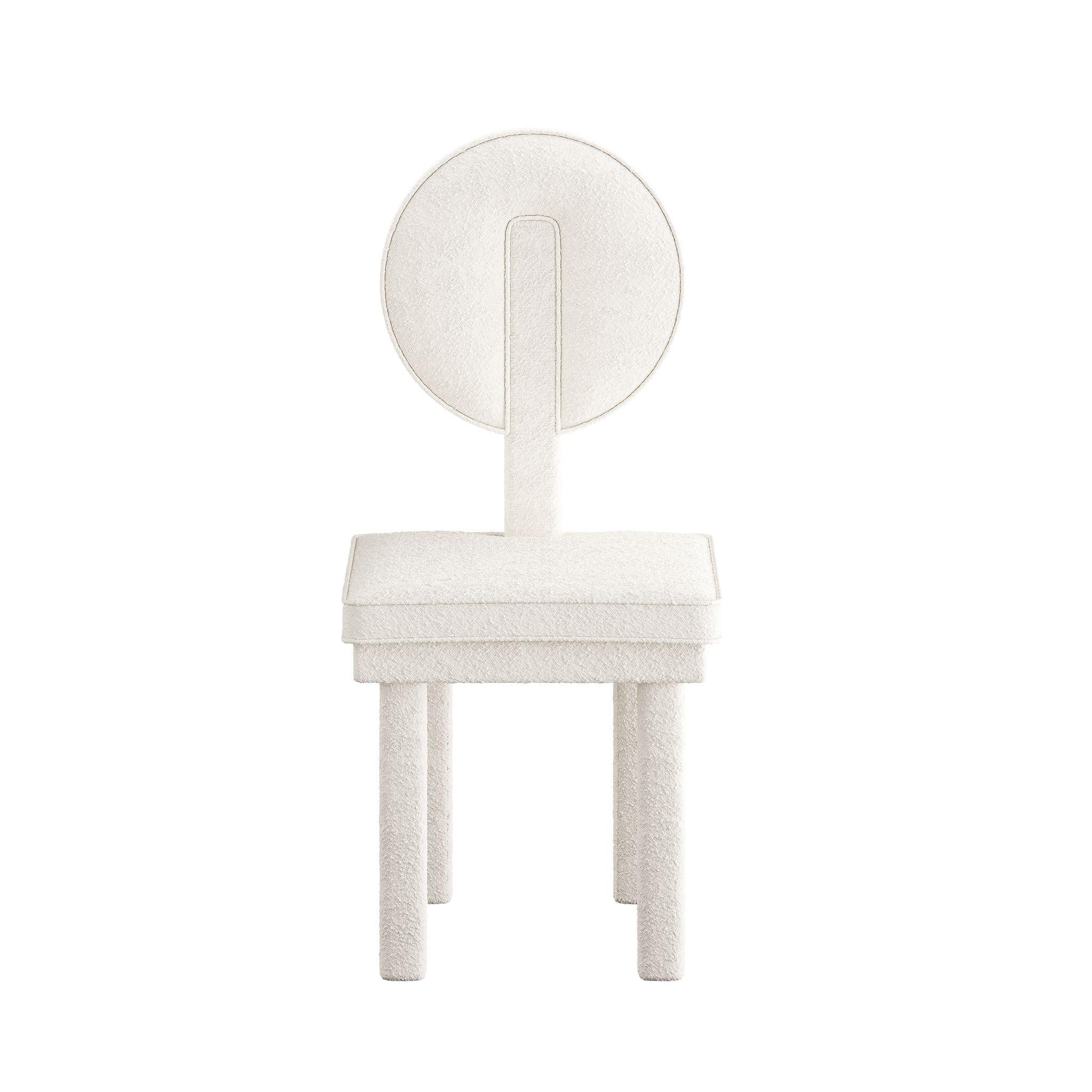 Mid-Century Modern Full Upholstered in Blouclé White Dining Chair 
The Gigi Chair is a mid-century, modern-inspired dining chair that combines pure geometric forms with the luxurious texture of velvet. This modern velvet dining chair is designed to