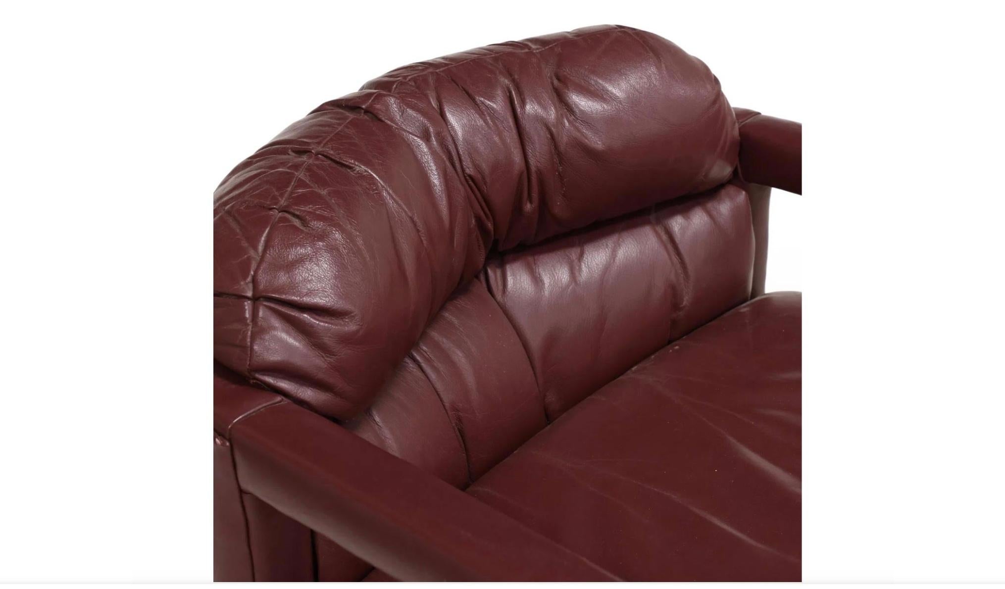 American Mid Century Modern Fully Upholstered leather lounge Parsons chairs Maroon For Sale