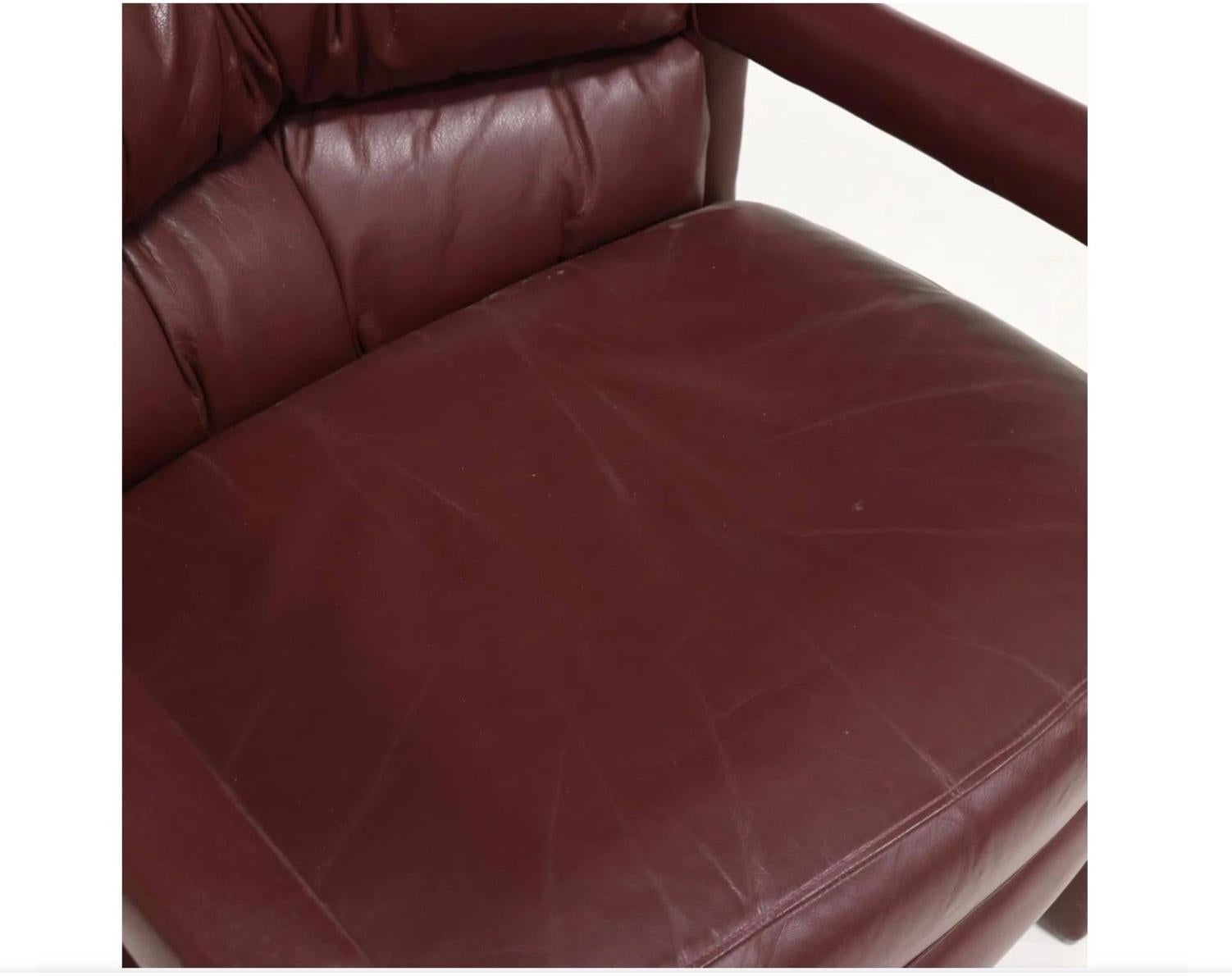 Woodwork Mid Century Modern Fully Upholstered leather lounge Parsons chairs Maroon For Sale