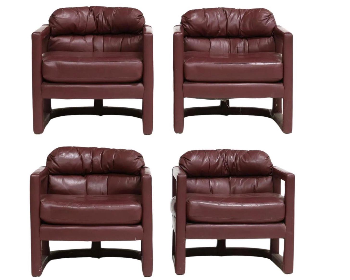 Mid Century Modern Fully Upholstered leather lounge Parsons chairs Maroon In Good Condition For Sale In Brooklyn, NY