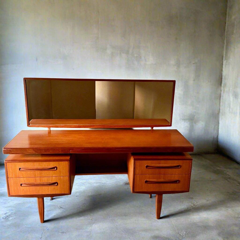 British Mid-Century Modern G Plan Fresco Floating Top Teak Vanity Desk by Victor Wilkins