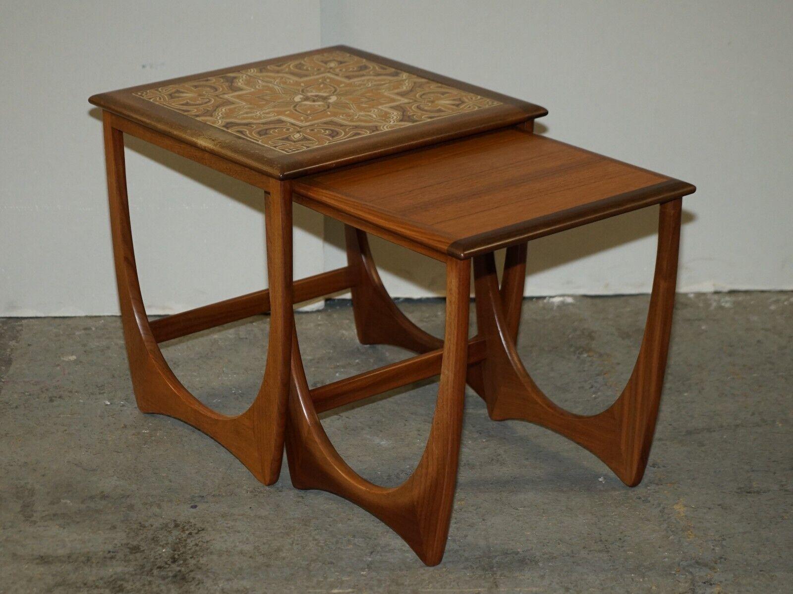 English Mid-Century Modern G Plan Fresco Teak Tile Top Side End Nest of Tables