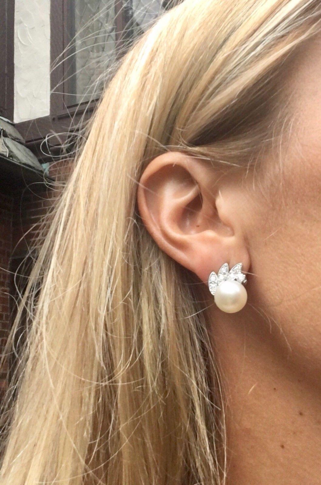 Retro Mid-Century Modern G VS Diamond South Sea Pearl Drop Stud Earrings For Sale
