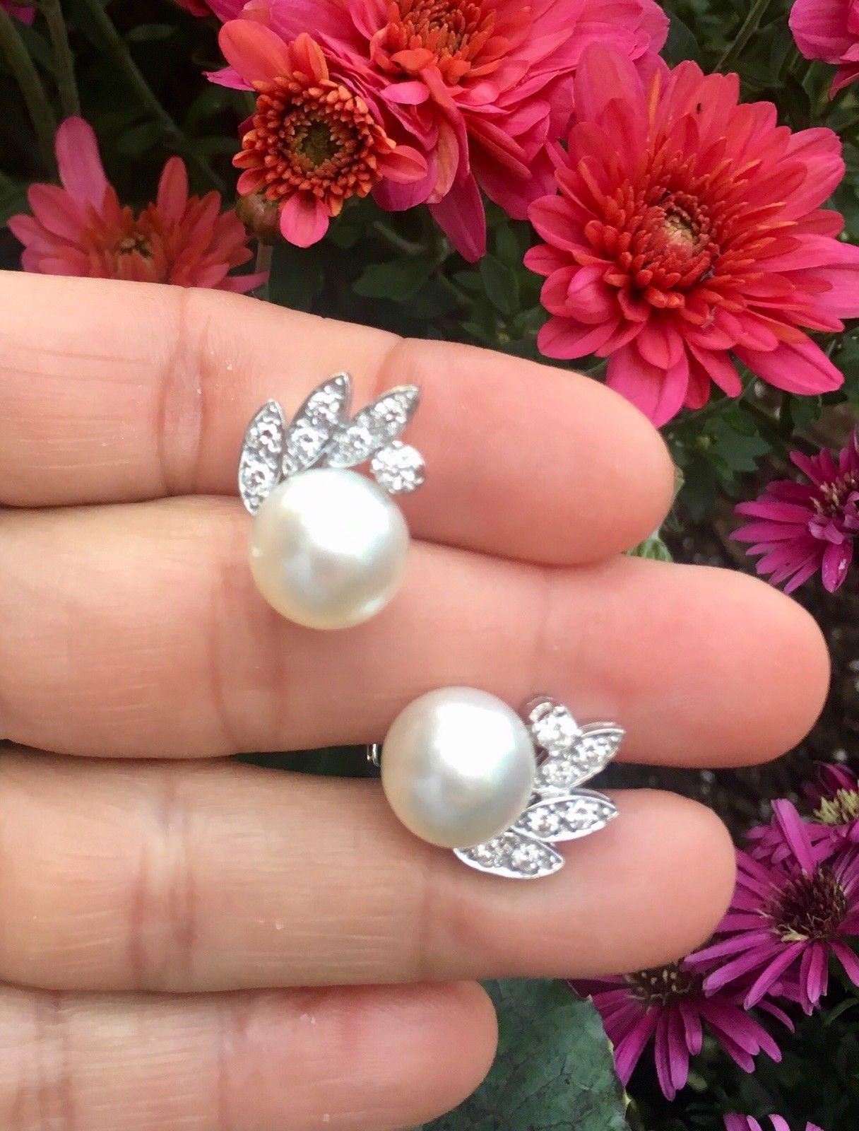 Mid-Century Modern G VS Diamond South Sea Pearl Drop Stud Earrings In Excellent Condition For Sale In Shaker Heights, OH