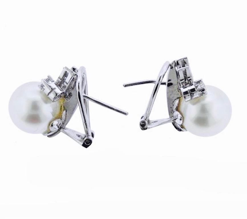Mid-Century Modern G VS Diamond South Sea Pearl Drop Stud Earrings For Sale 2