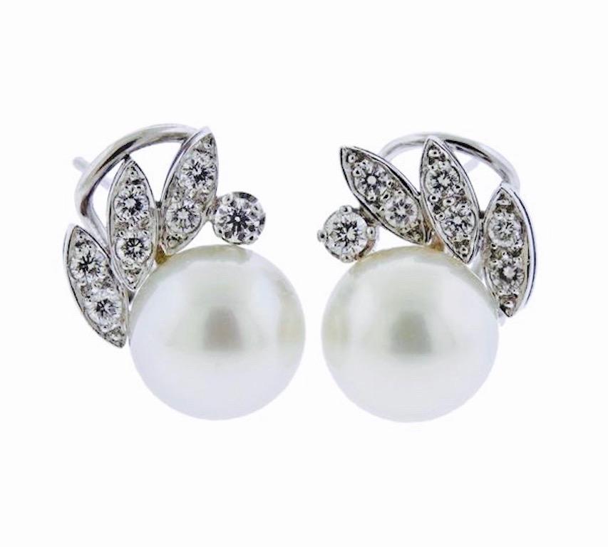 Mid-Century Modern G VS Diamond South Sea Pearl Drop Stud Earrings For Sale 4