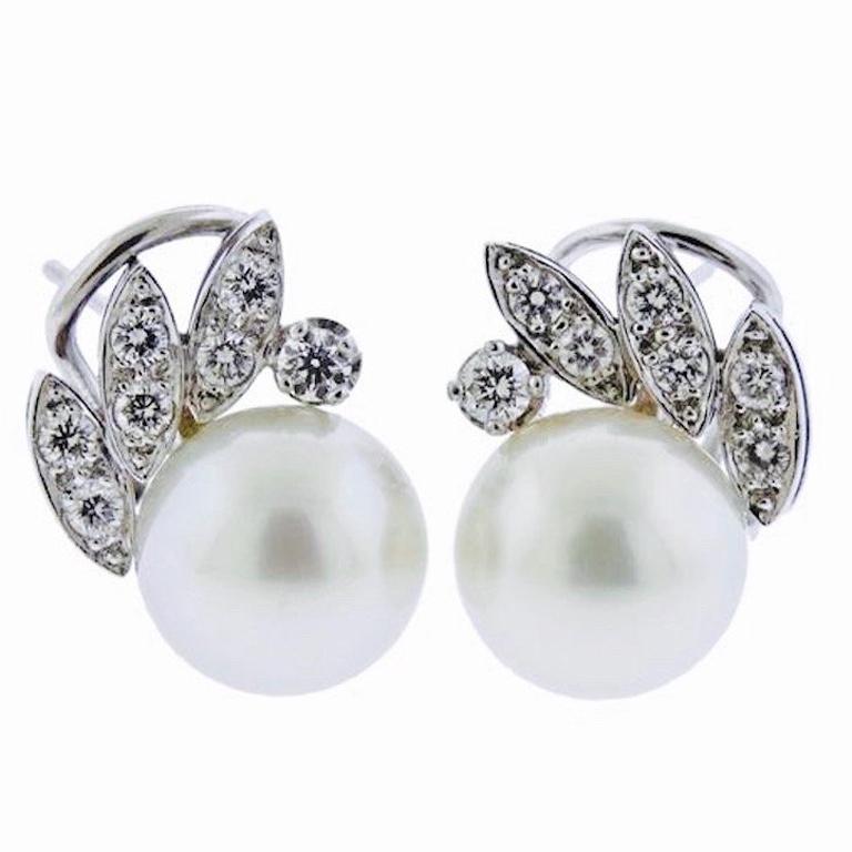 Mid-Century Modern G VS Diamond South Sea Pearl Drop Stud Earrings For Sale