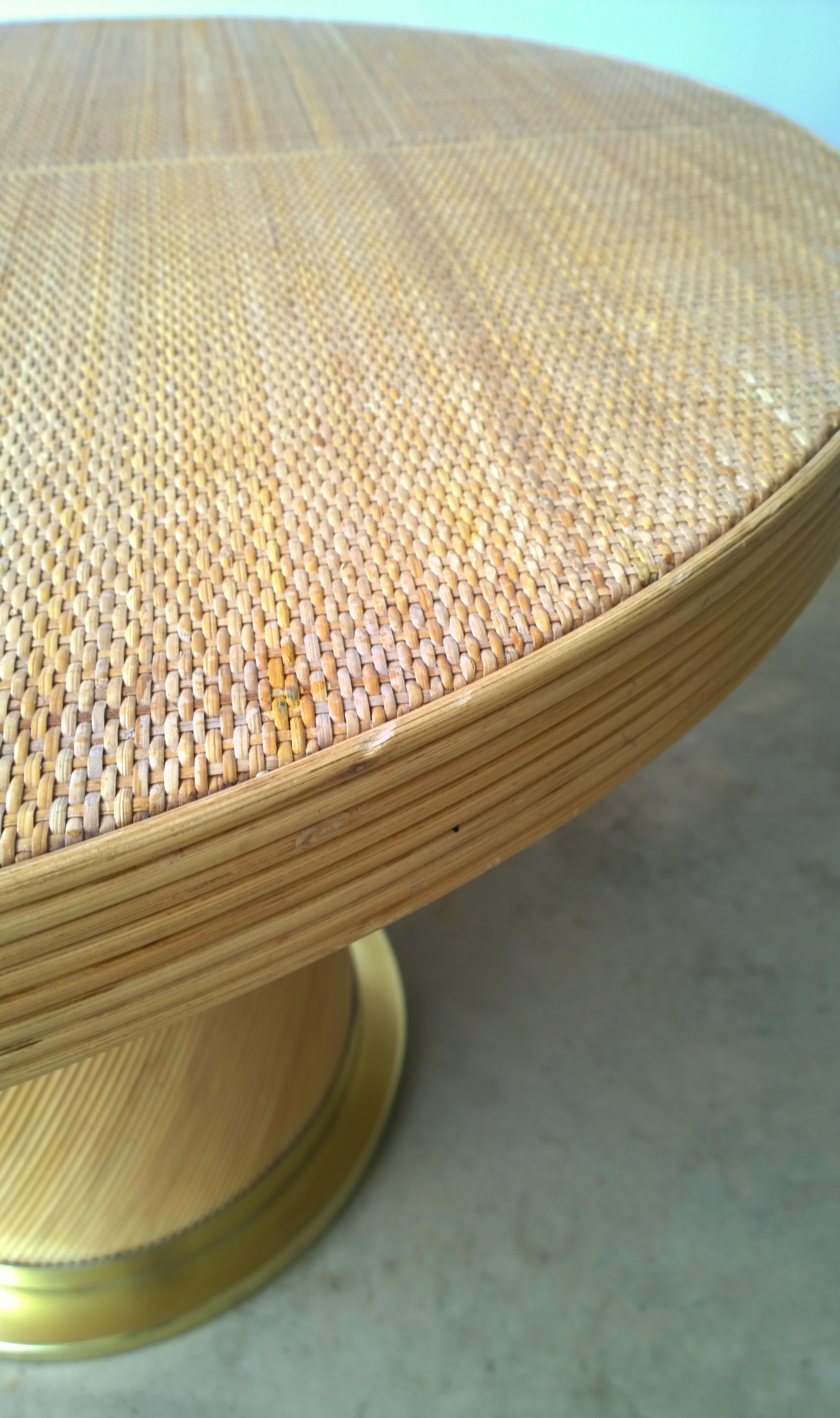 American Rattan Cane & Wicker Circular Pedestal Center Table/Dining Table with Brass Base