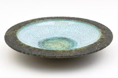 Gambone Style Ceramic Crackled Glass Fritte Turquoise, Green Brown Bowl Vintage