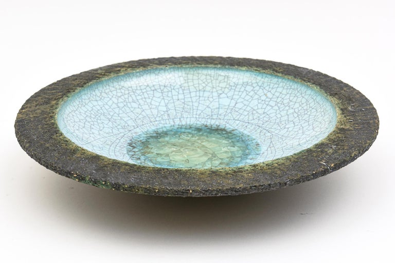 Gambone Style Ceramic Crackled Glass Fritte Turquoise, Green Brown Bowl