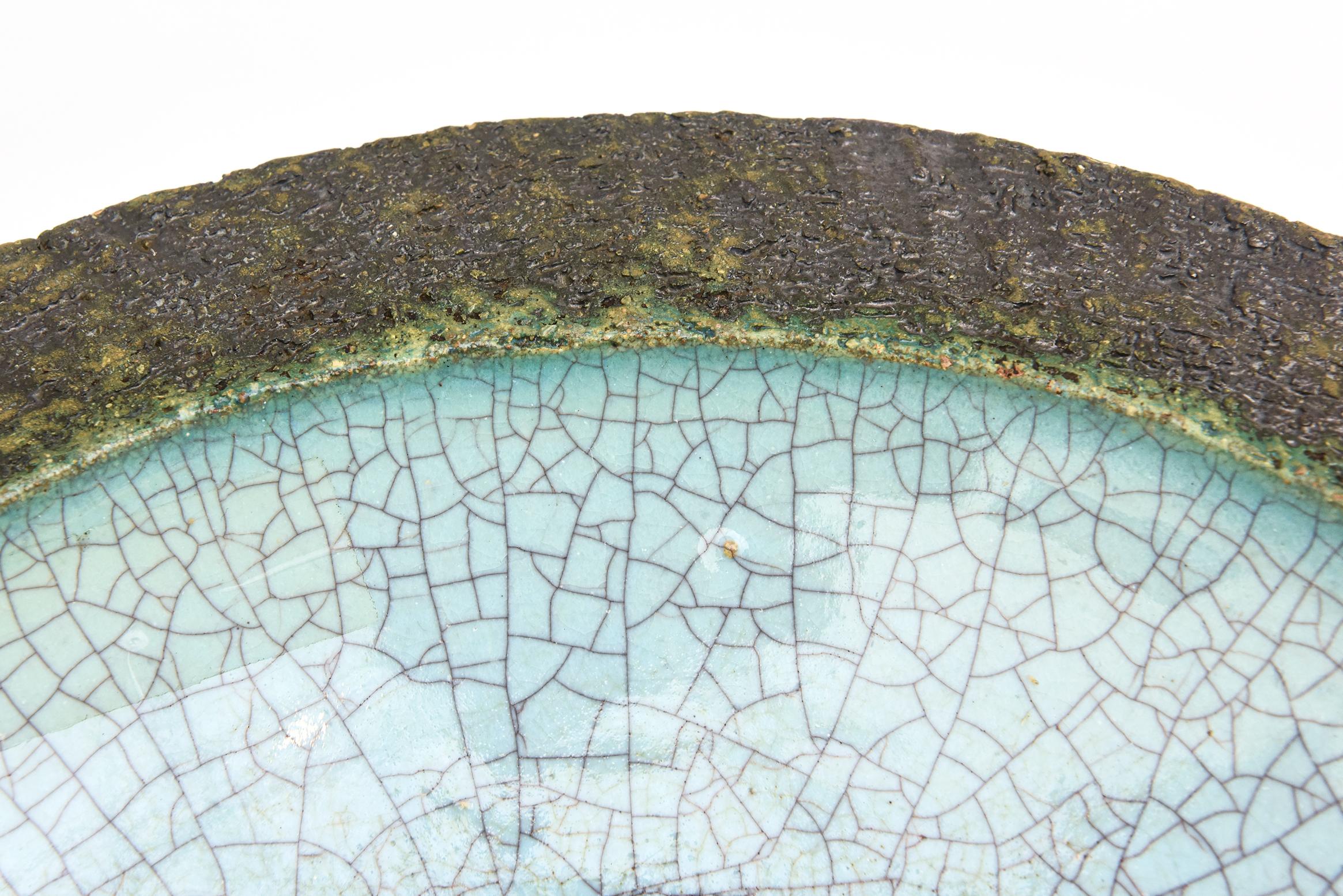 Céramique Bol vintage de style Gambone en céramique craquelée turquoise, vert brun en vente