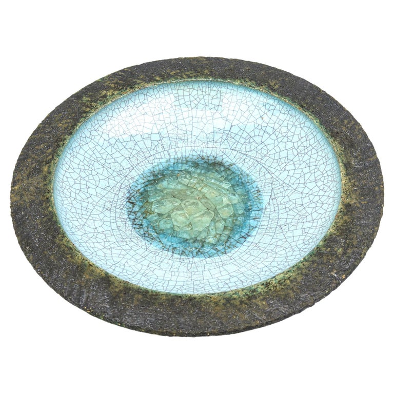 Gambone Style Ceramic Crackled Glass Fritte Turquoise, Green Brown Bowl