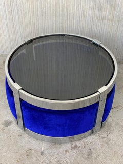 Mid-Century Modern Gaming Table Set with Round Tea Table and Blue Velvet Stools