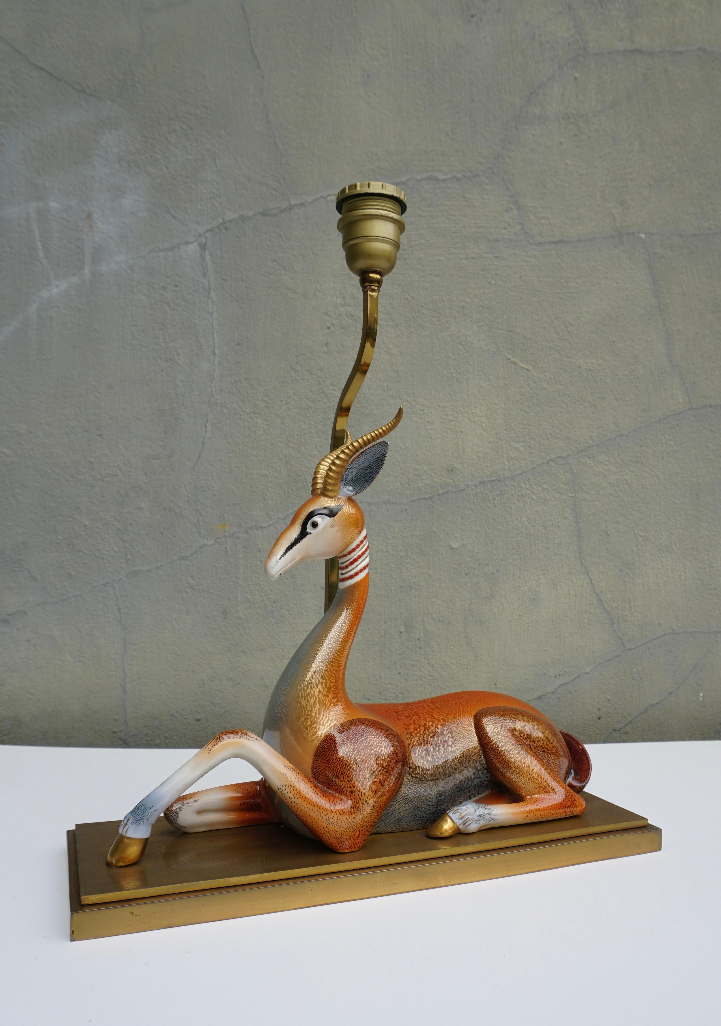 Brass Mid-Century Modern Gazelle Antilope Ceramic Table Lamp For Sale