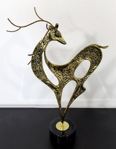 Mid-Century Modern Gazelle Deer Brass on Marble Base Table Sculpture Jere Style