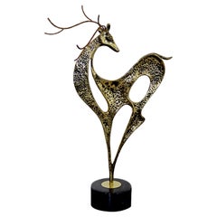 Mid-Century Modern Gazelle Deer Brass on Marble Base Table Sculpture Jere Style