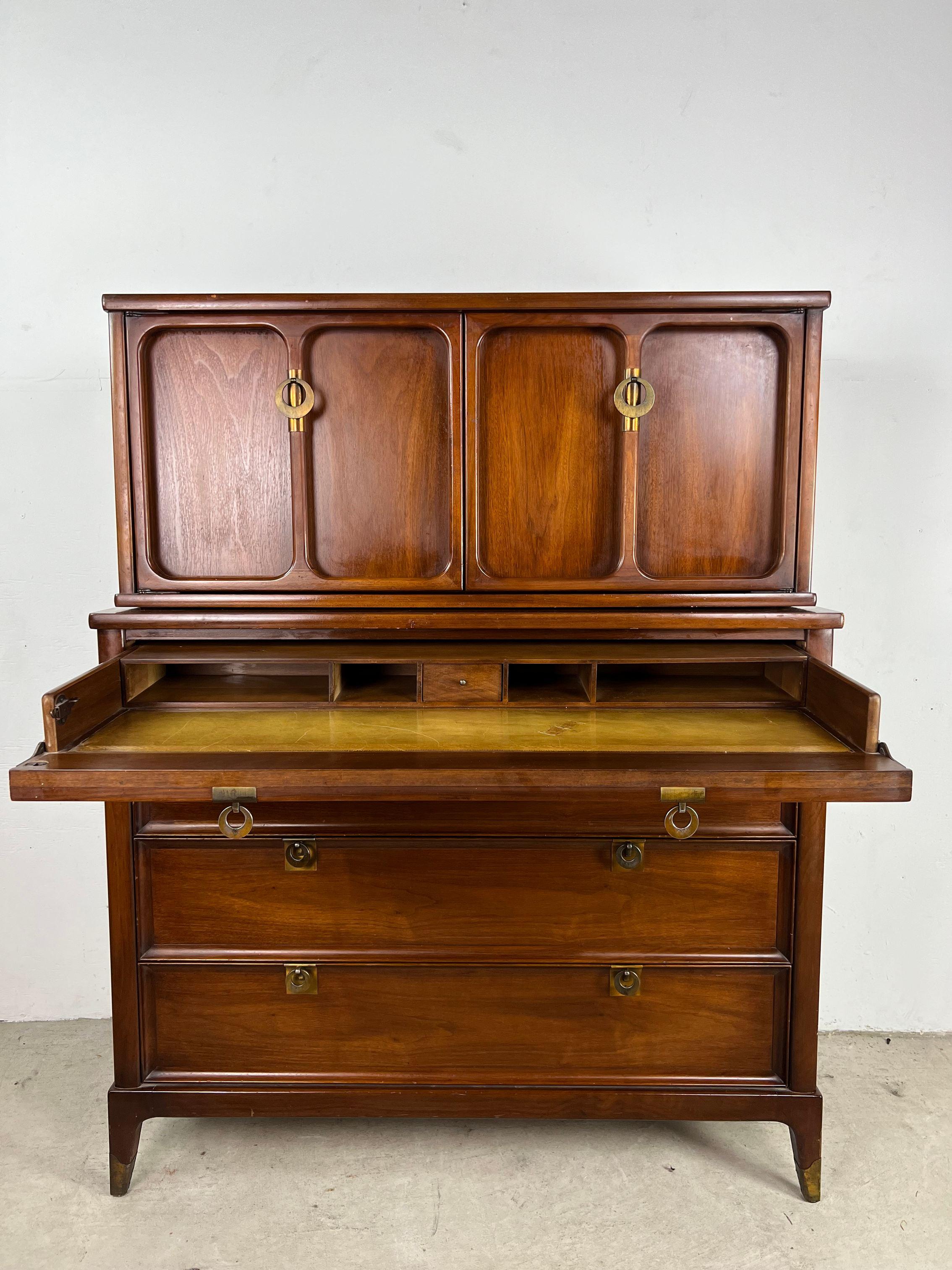 Walnut Mid Century Modern Gentleman's Chest with Dropfront Writing  For Sale