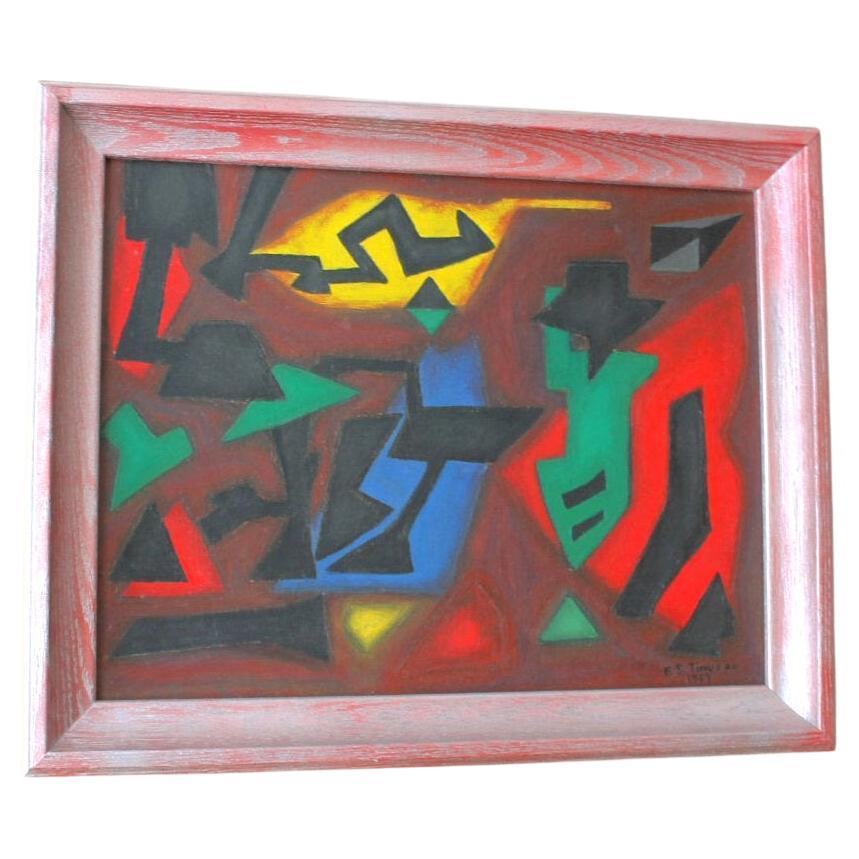 Peinture à l'huile abstraite géométrique moderne du Sud-Ouest du milieu du siècle 1959 Art Calder en vente
