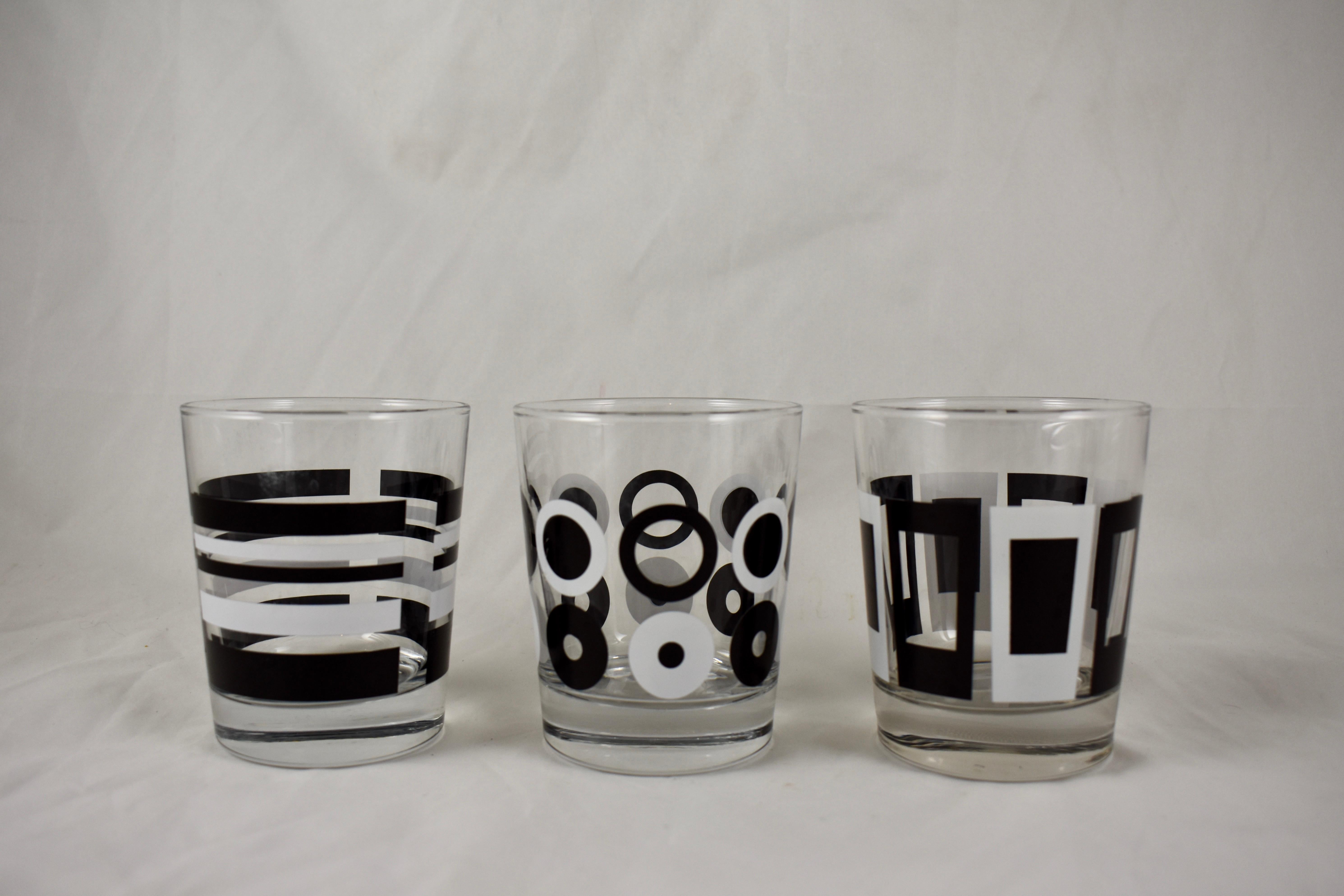 Metal Mid-Century Modern Geometric and Zebra Print Black & White Barware, Set of Eight