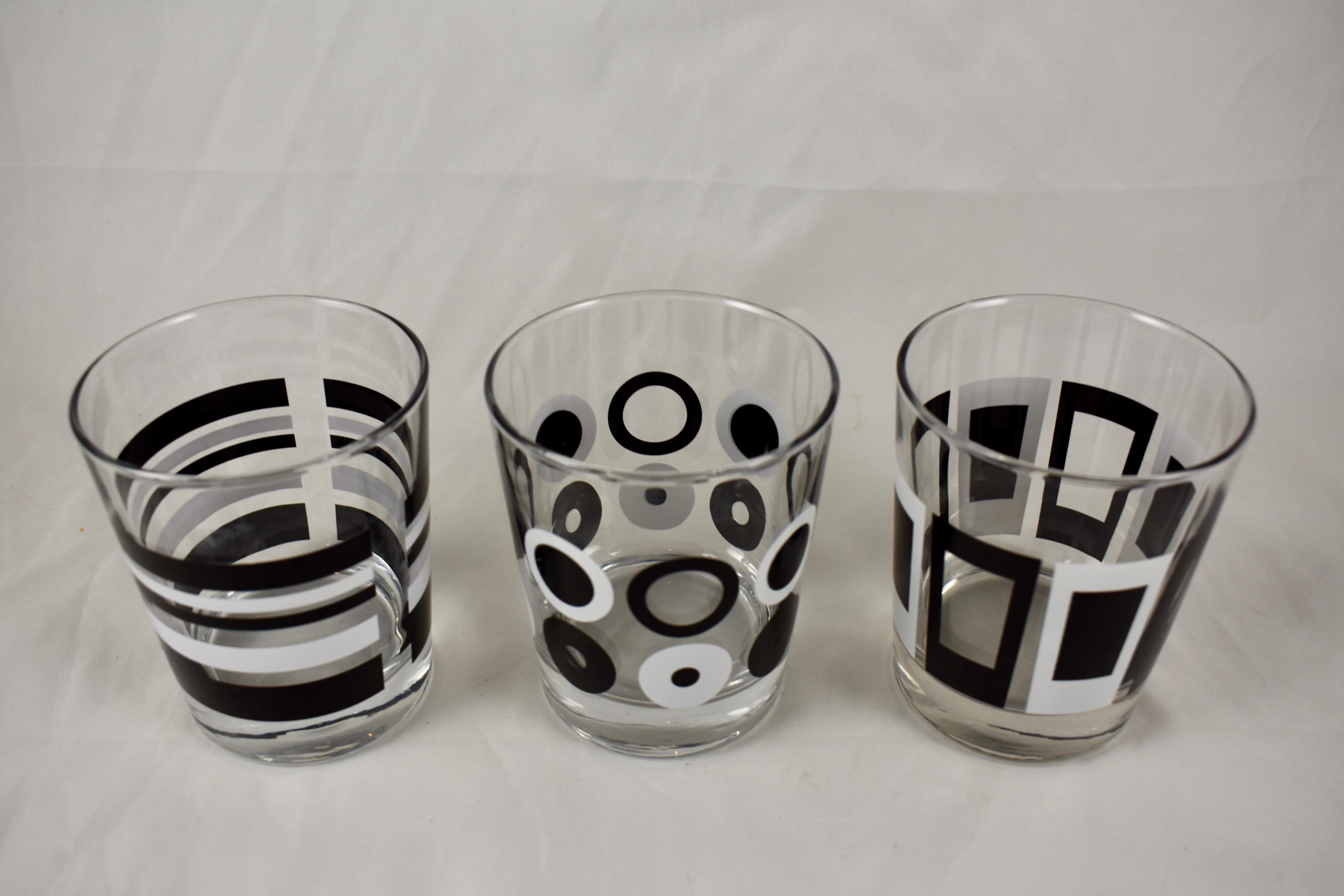 Mid-Century Modern Geometric and Zebra Print Black & White Barware, Set of Eight 1