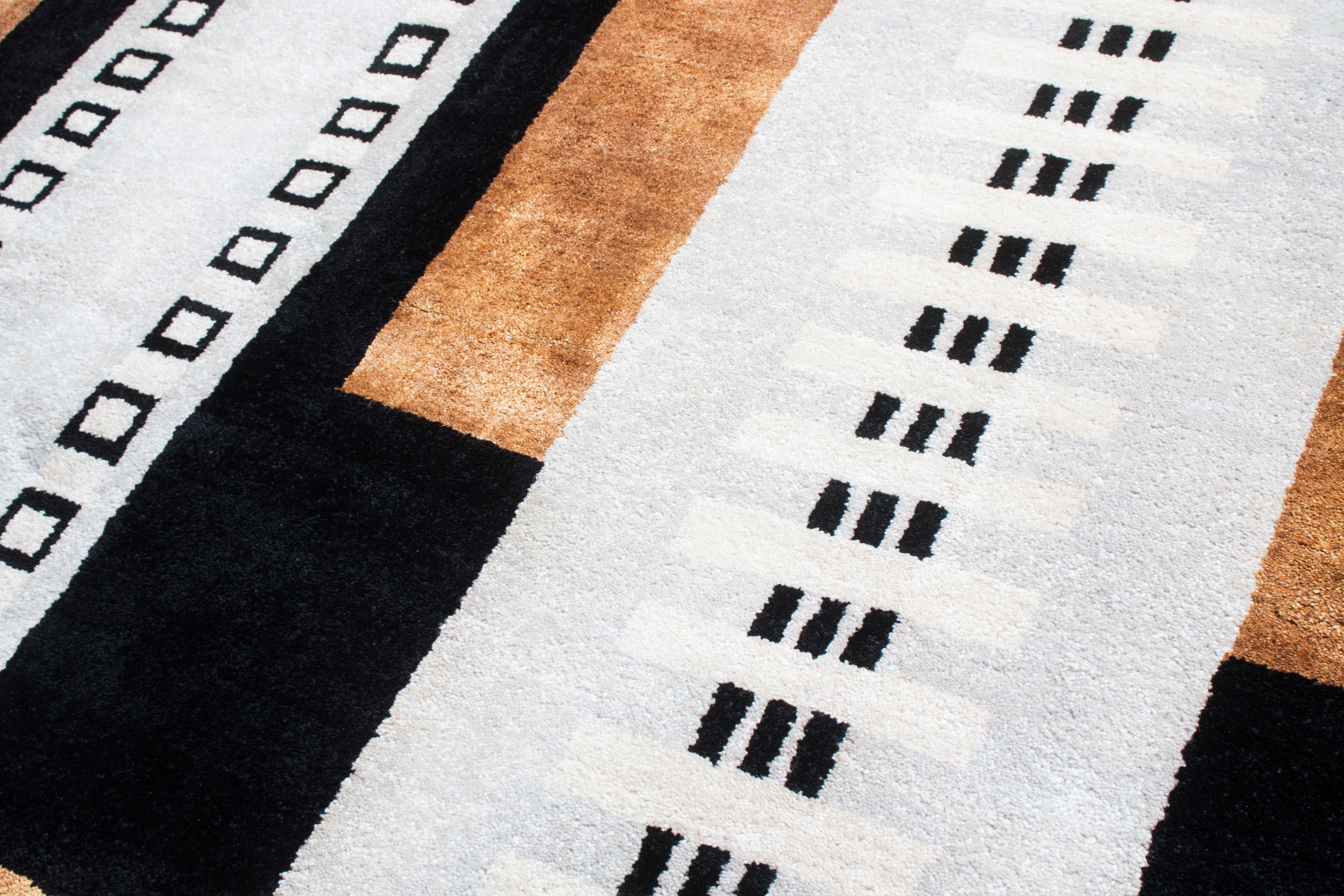 Hand-Knotted Rug & Kilim's Mid-Century Modern Geometric Copper & White Wool Architectural For Sale