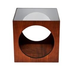 Mid-Century Modern Geometric Cube Walnut & Glass End Table or Side Drinks Tables