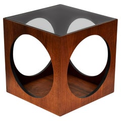 Mid-Century Modern Geometric Cube Walnut & Glass End Table or Side Drinks Tables