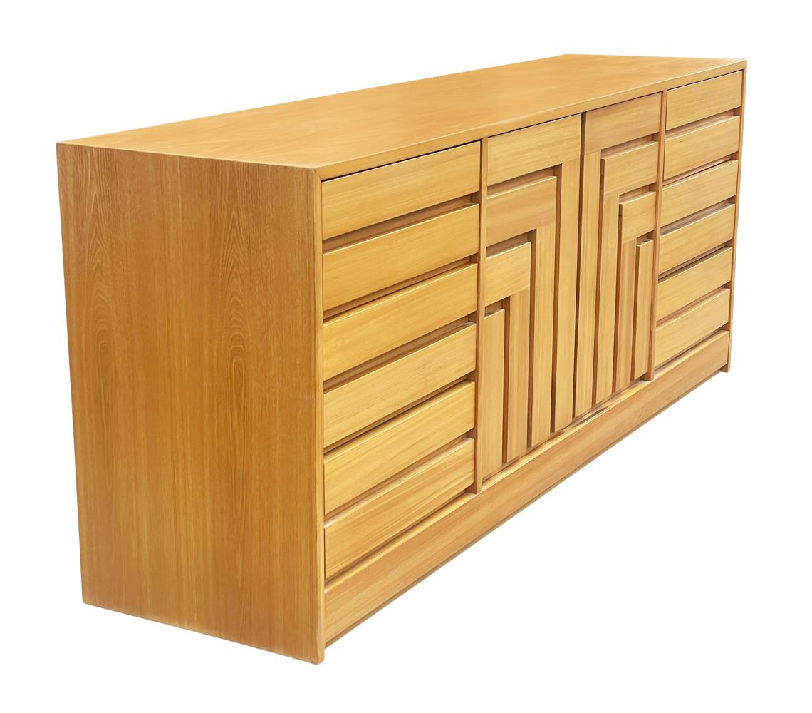 Maple Mid-Century Modern Geometric Front 9 Drawer Dresser or Credenza in Blonde Wood