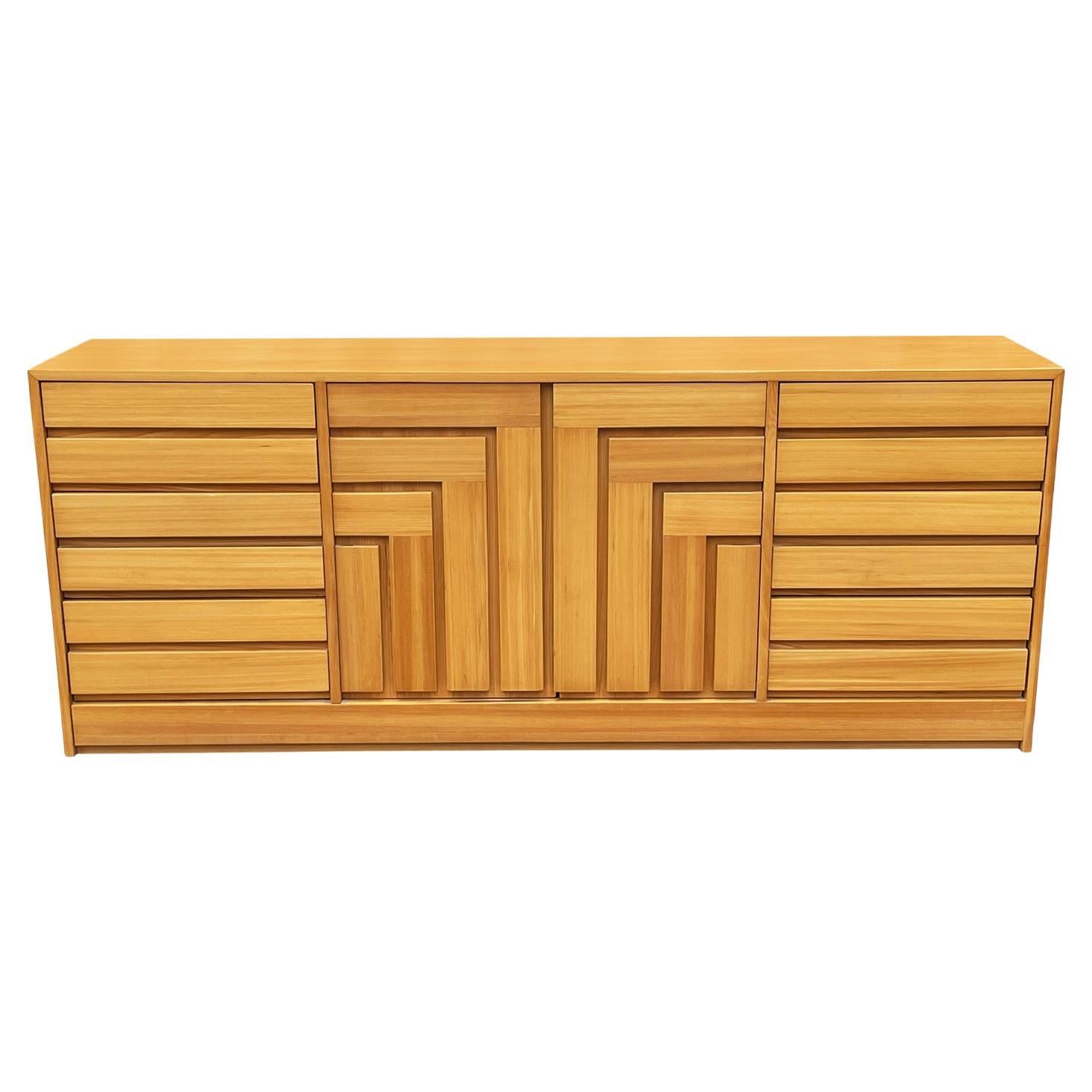 Mid-Century Modern Geometric Front 9 Drawer Dresser or Credenza in Blonde Wood