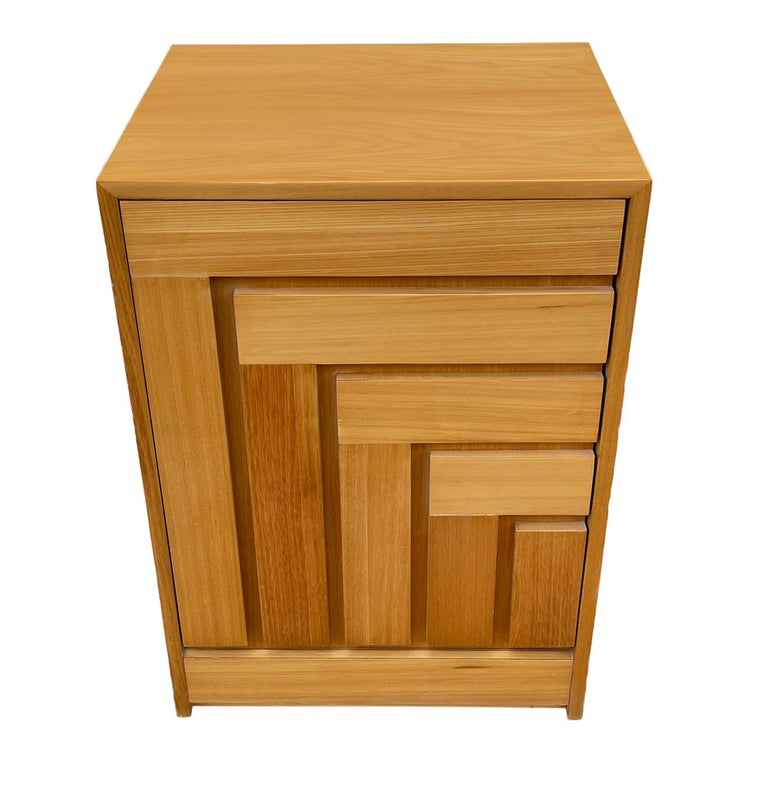 American Mid-Century Modern Geometric Front Cabinet or Night Stand in Blonde Wood For Sale