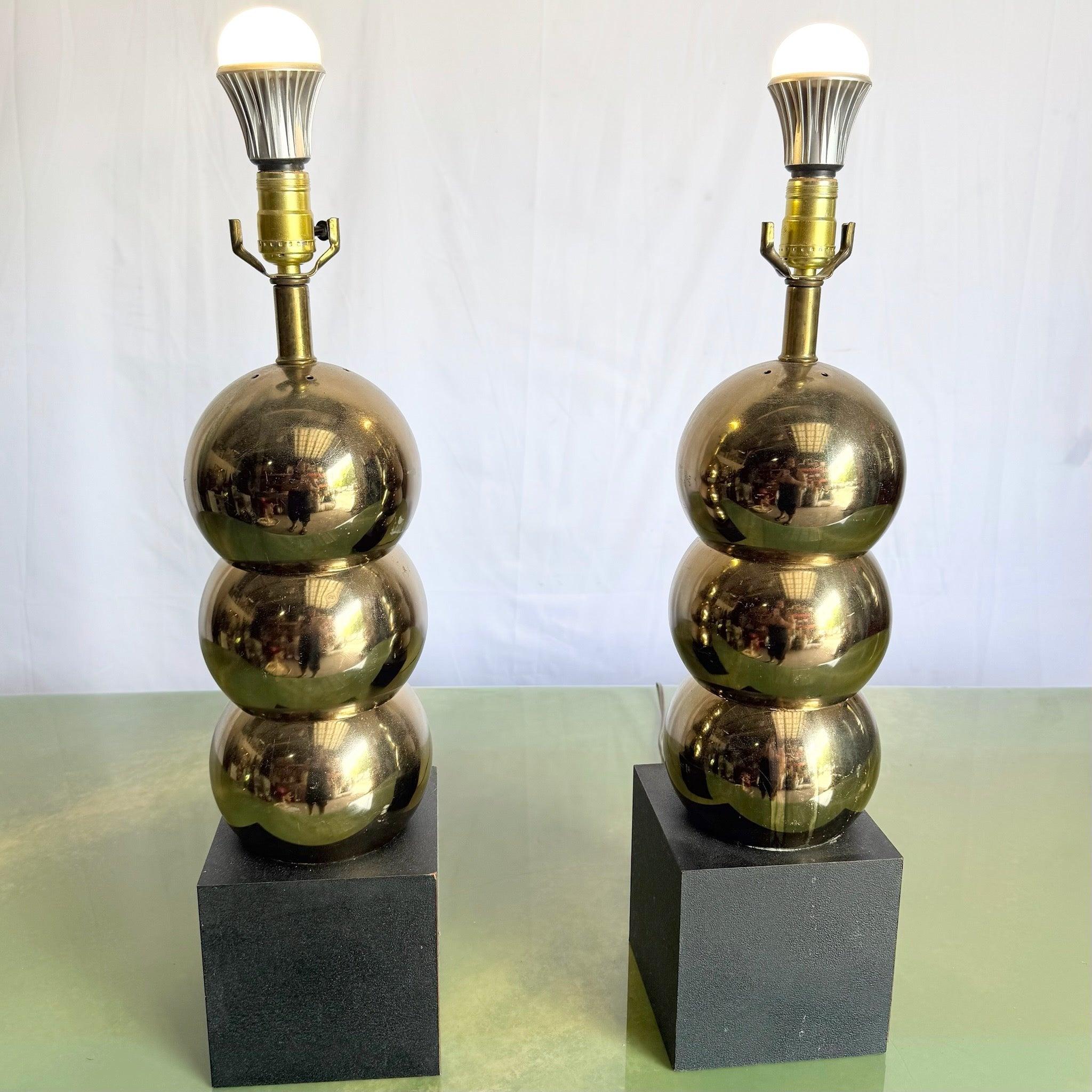 Metal Mid-Century Modern Geometric Gold and Black Table Lamps - A Pair For Sale