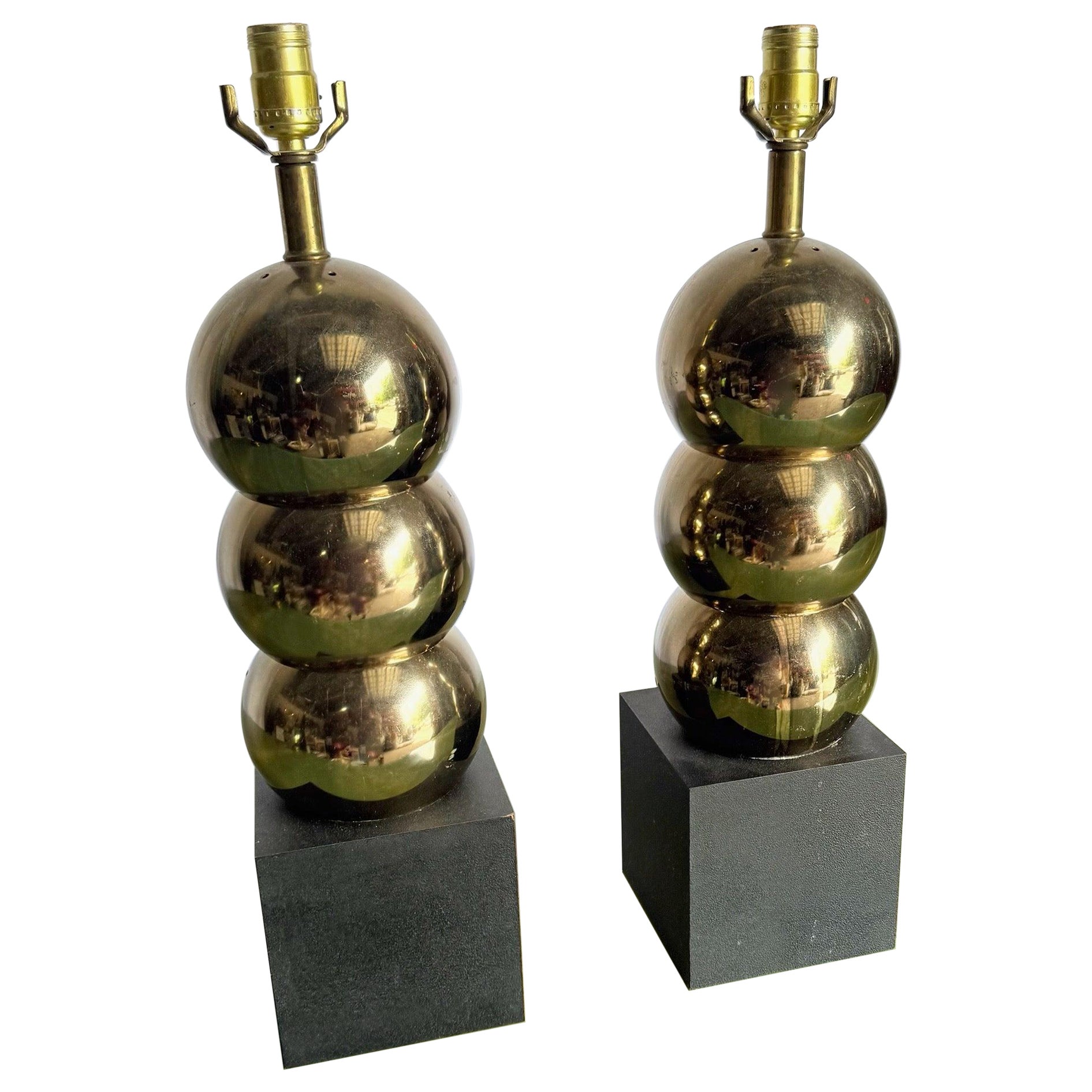 Mid-Century Modern Geometric Gold and Black Table Lamps - A Pair For Sale