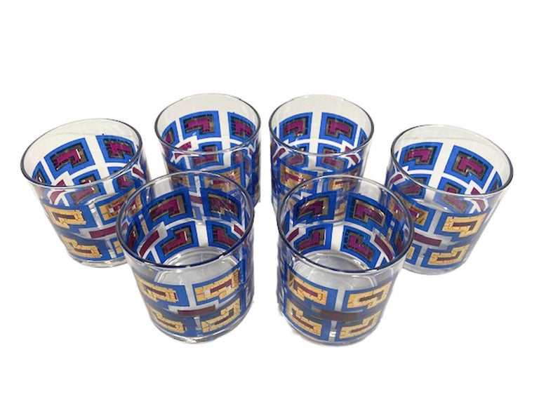 Mid-Century Modern Geometric Pattern Rocks Glasses, Marked 