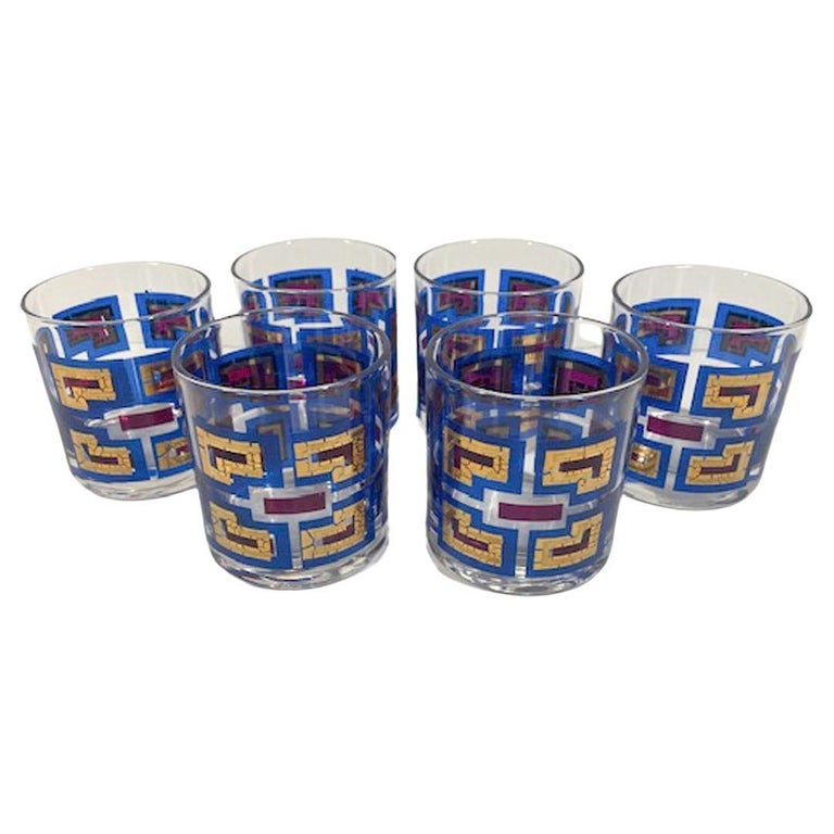 Mid-Century Modern Geometric Pattern Rocks Glasses, Marked 