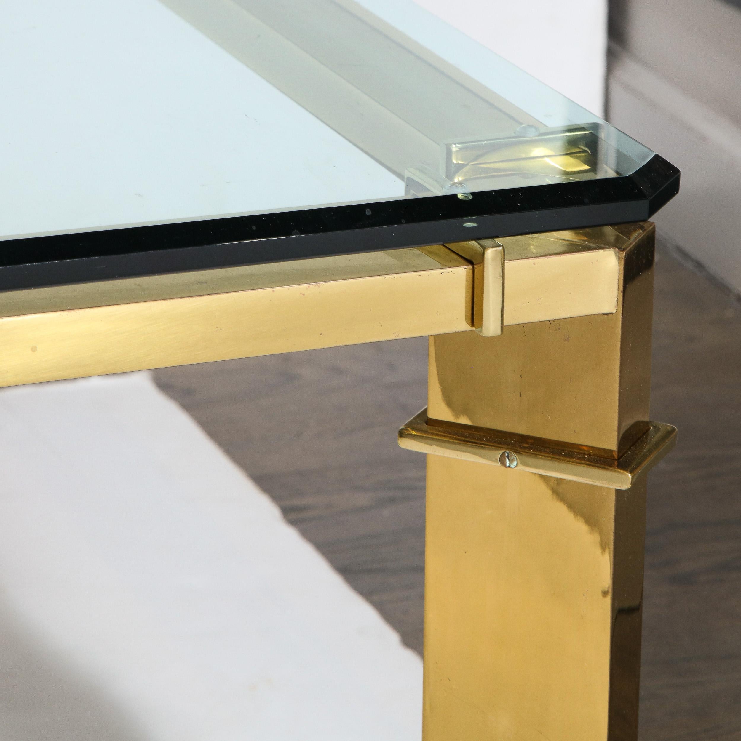 American Mid-Century Modern Geometric Rectilinear Polished Brass & Glass Cocktail Table