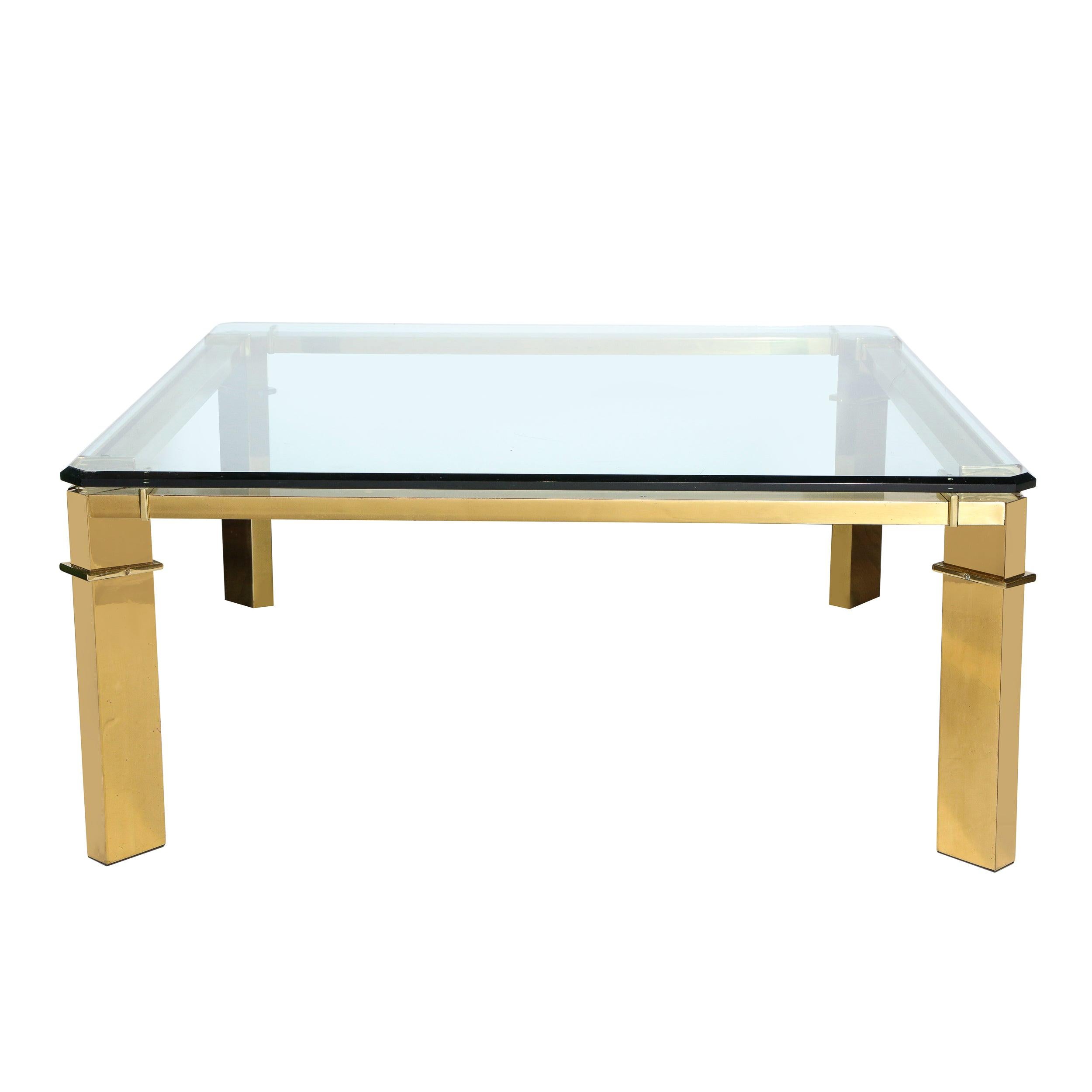 Mid-Century Modern Geometric Rectilinear Polished Brass & Glass Cocktail Table