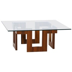Mid-Century Modern Geometric Walnut Coffee Table with Glass Top