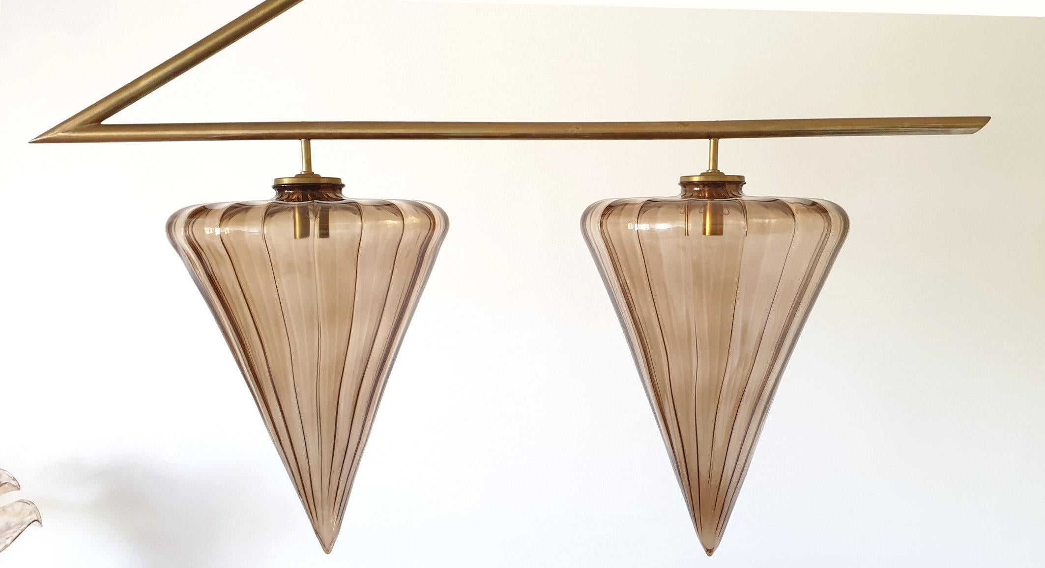 Italian Mid-Century Modern Geometrical Chandelier w/Murano Glass Shades, Attr to Seguso