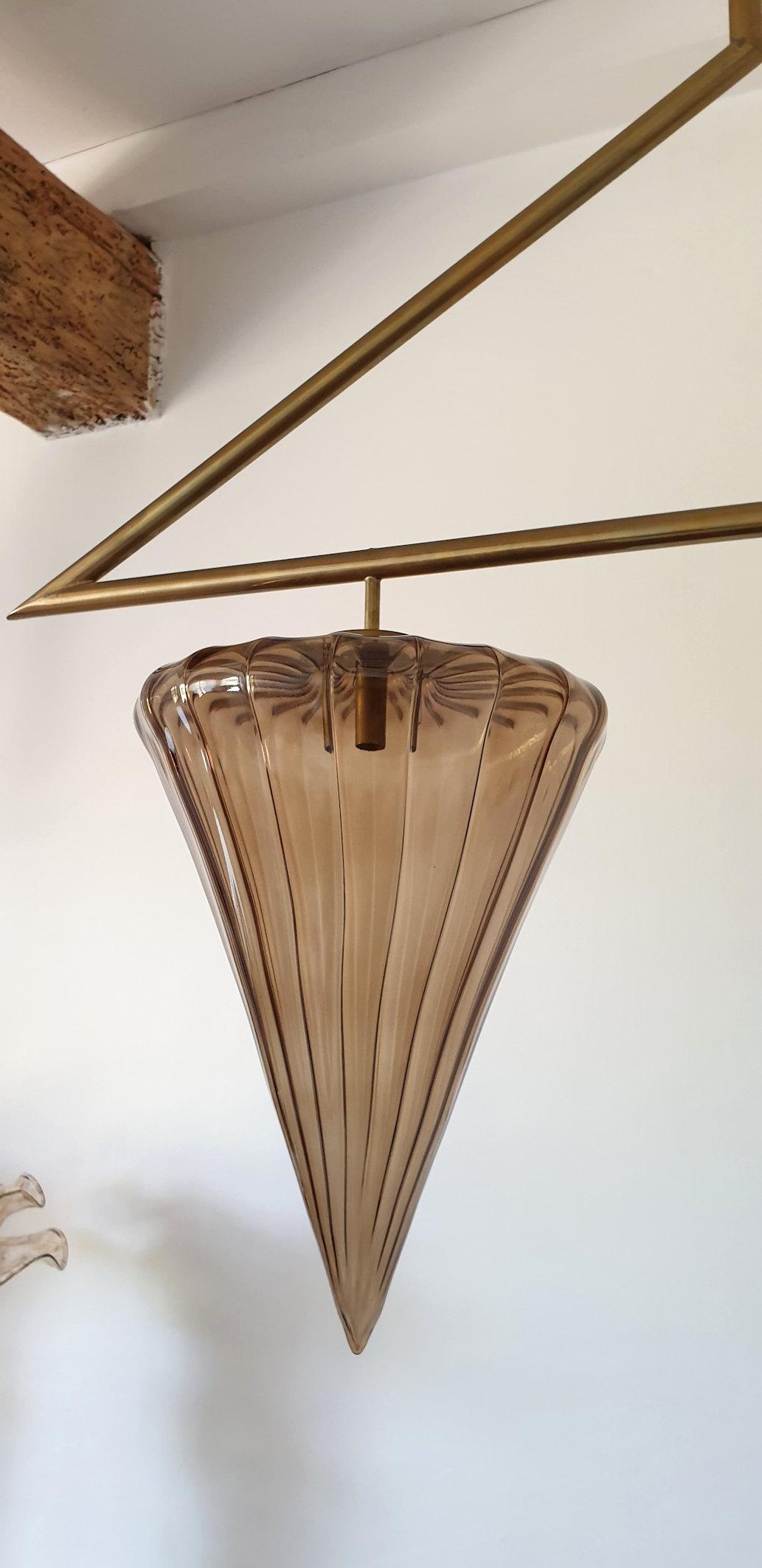 Mid-Century Modern Geometrical Chandelier w/Murano Glass Shades, Attr to Seguso In Excellent Condition In Dallas, TX