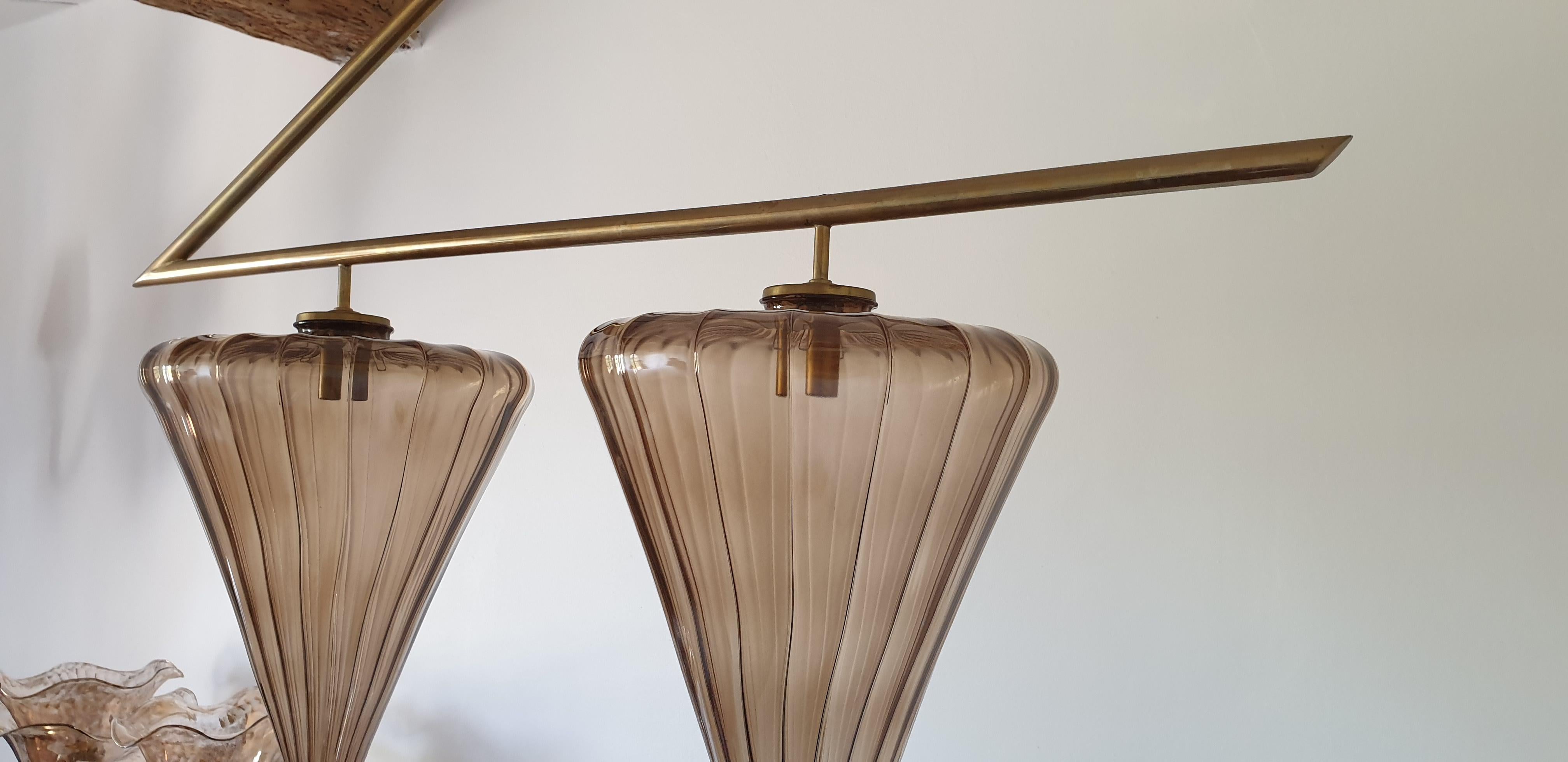 Late 20th Century Mid-Century Modern Geometrical Chandelier w/Murano Glass Shades, Attr to Seguso