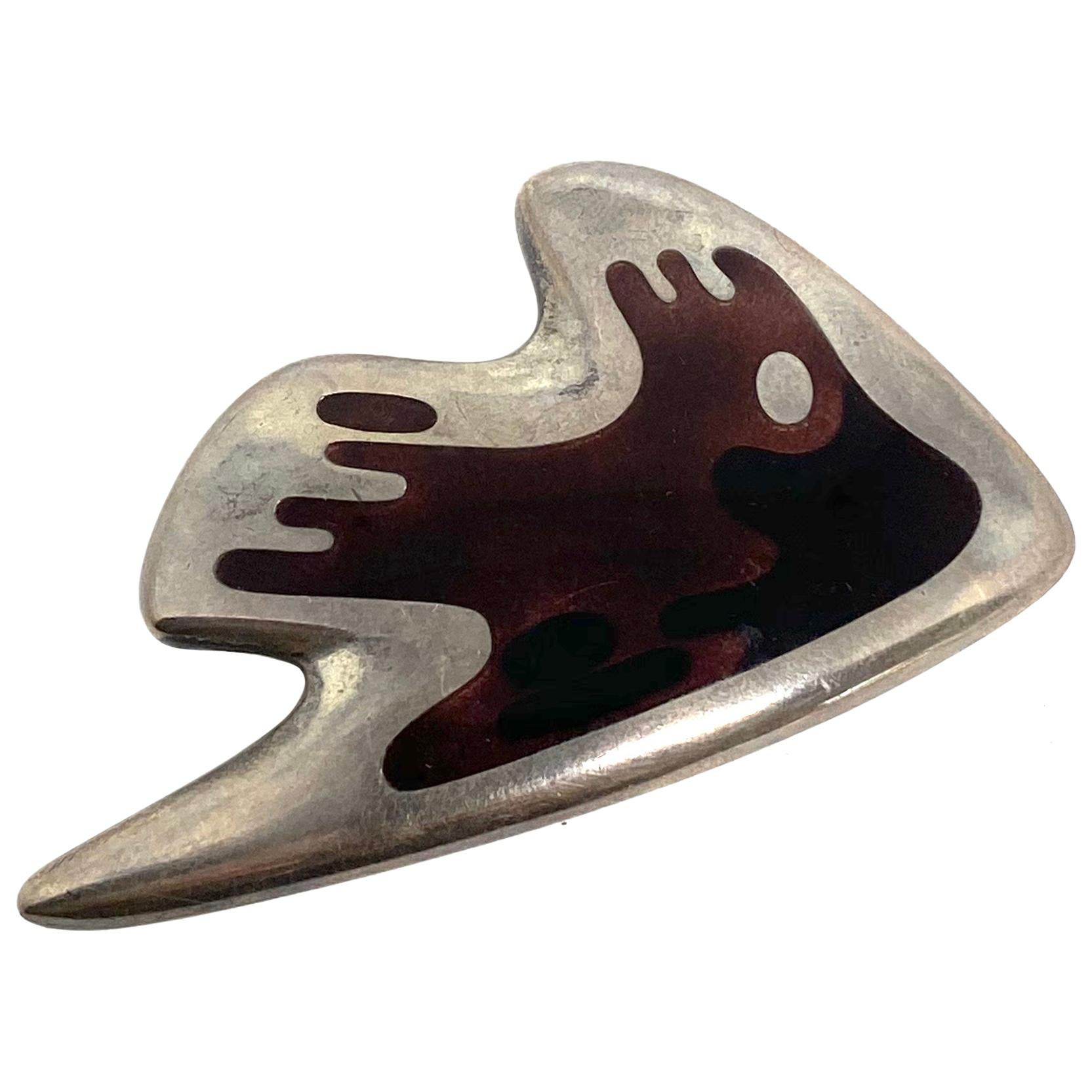 Mid- Century Modern Georg Jensen Sterling Silver & Enamel Abstract Brooch #307 For Sale