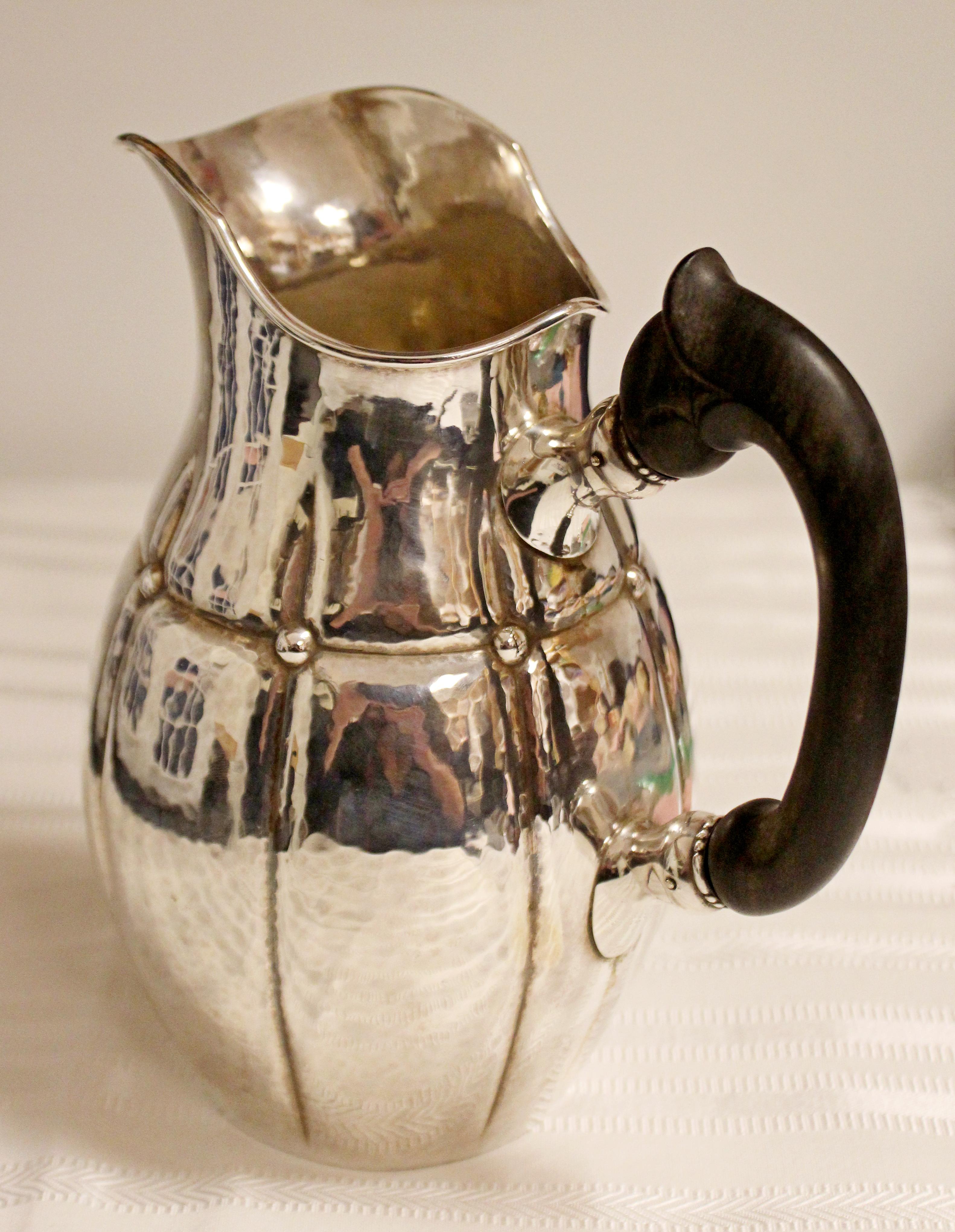Mid Century Modern Carl Cohr Sterling Silver Pitcher Ebony Wood Jensen Style In Good Condition In Keego Harbor, MI