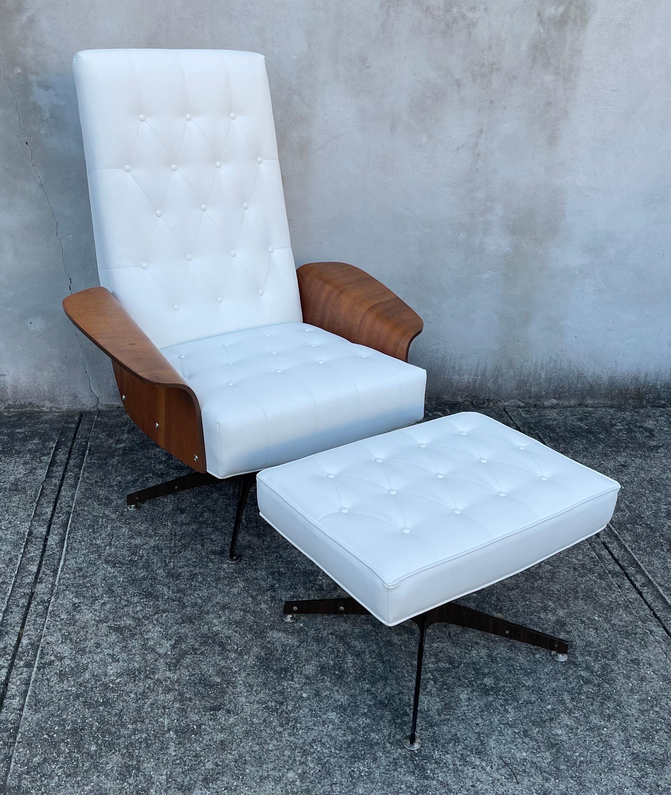Beautiful Mid Century Modern George Mulhauser lounge chair and ottoman for Plycraft.  Reupholstered in white faux leather, beautiful bentwood armrests, 1960's.  Ottoman dimensions 24 x 17 x 16 tall.