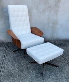 Iconic George Mulhauser for Plycraft "Mr. Chair" and Ottoman, White Faux Leather