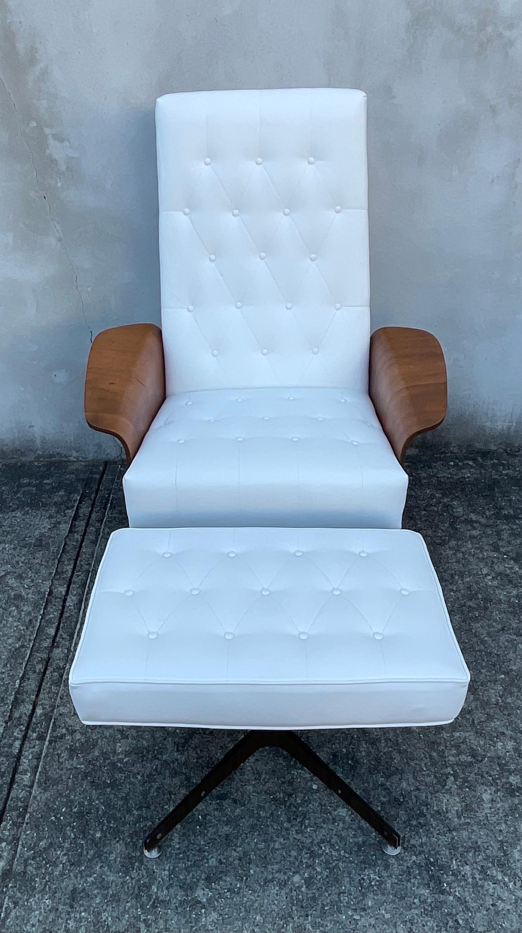 Mid-Century Modern Mid Century Modern George Mulhauser Lounge Chair & Ottoman in White Faux Leather For Sale