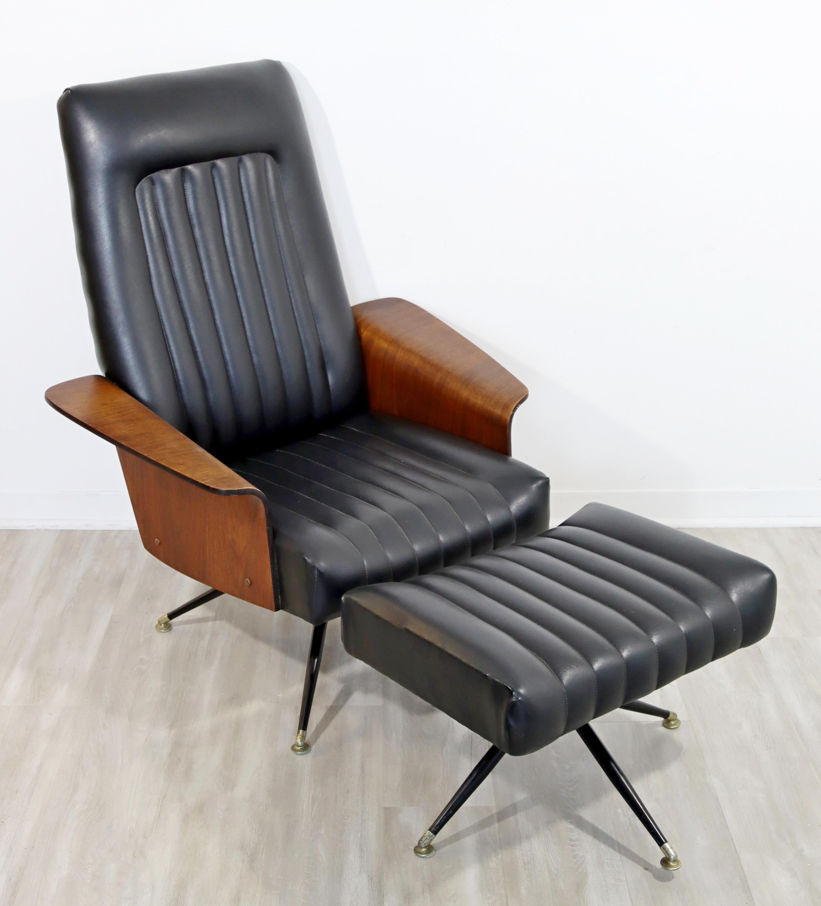 For your consideration is a luxe looking lounge chair and matching ottoman, made of walnut and Naugahyde, by George Mulhauser, circa the 1960s. In excellent vintage condition. The dimensions of the chair are 34.5