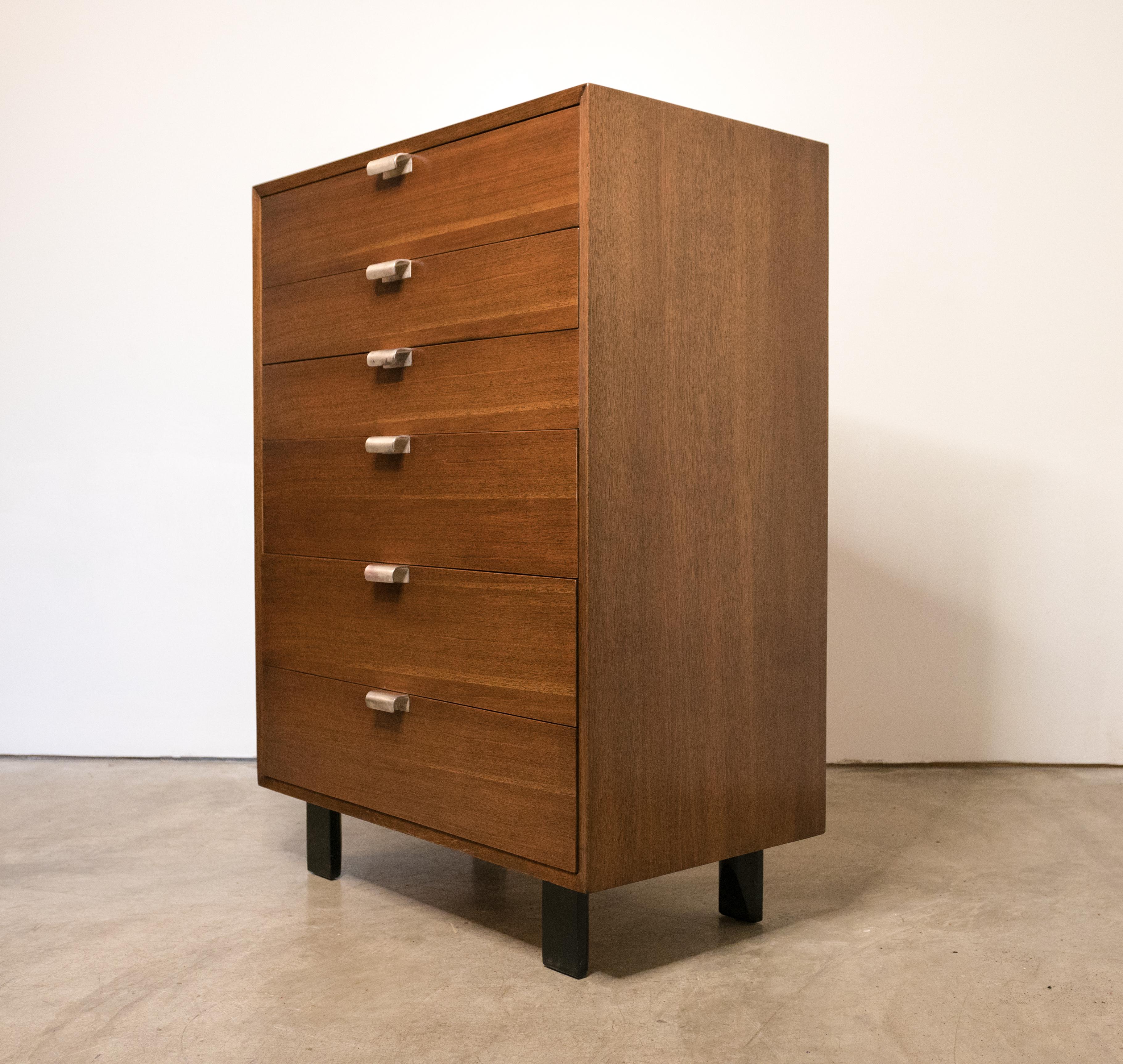 Midcentury George Nelson for Herman Miller tallboy dresser with six drawers, part of the basic storage components that George Nelson designed for Herman Miller in 1952. Topmost drawer partitioned into six sections. Also available: matching side