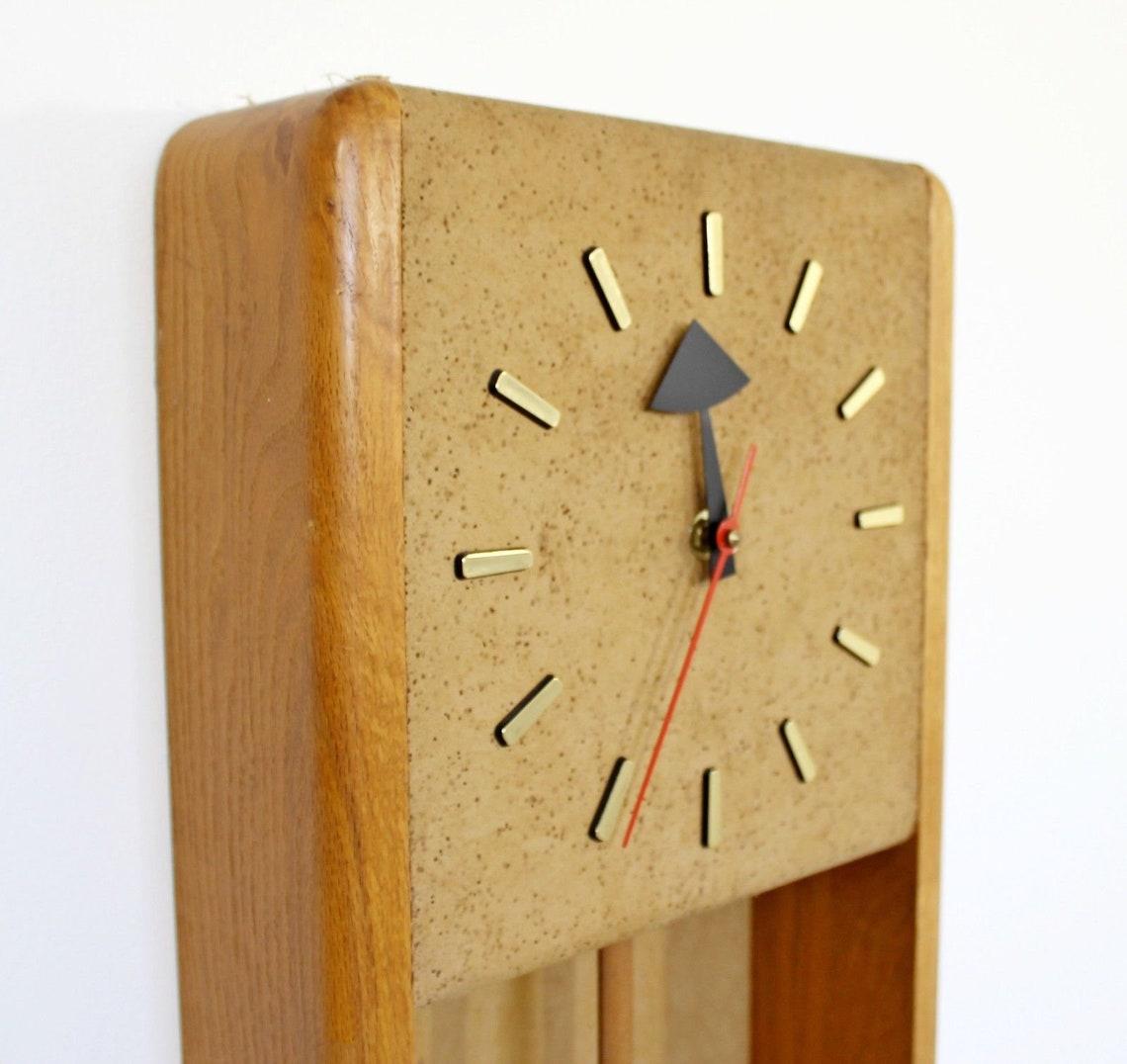 Mid-Century Modern George Nelson Howard Miller Wall Grandfather Clock Brass Oak 2